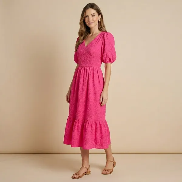 Pink_Puff_Sleeve_V_Neck_Midi_Dress_With_Tiered_Hem