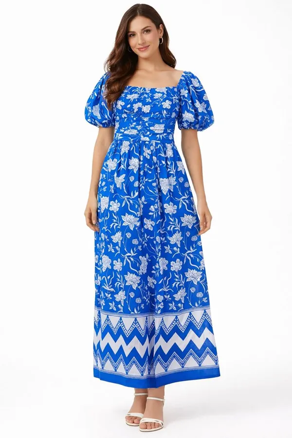 Blue_Floral_Print_Puff_Sleeve_Maxi_Dress_With_Chevron_Border