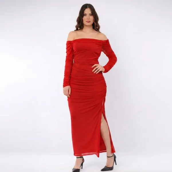 Red_Off_Shoulder_Ruched_Maxi_Dress_With_Thigh_High_Slit
