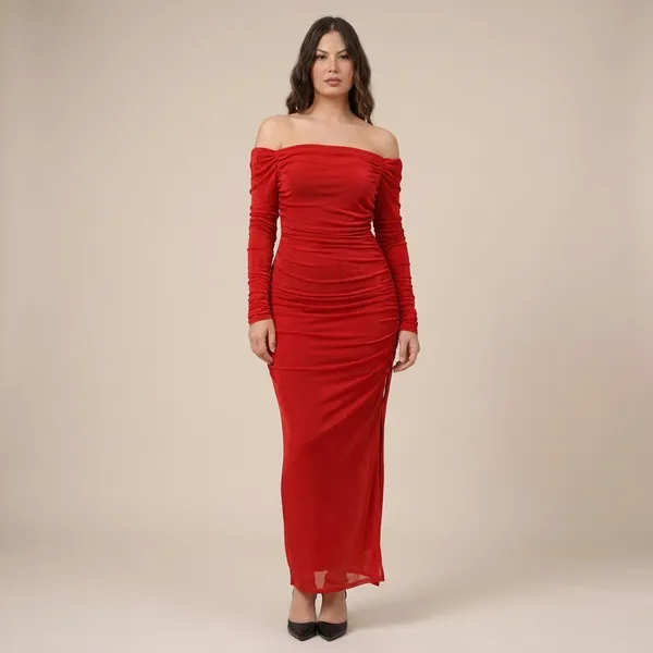 Red_Off_Shoulder_Ruched_Maxi_Dress_With_Thigh_High_Slit