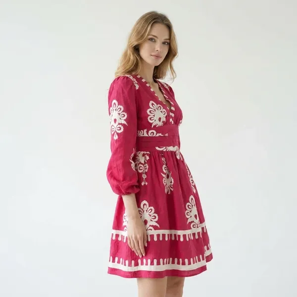 Pink_And_White_Floral_Embroidered_V_Neck_Dress_With_Tassel_Trim
