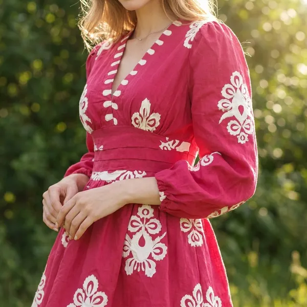 Pink_And_White_Floral_Embroidered_V_Neck_Dress_With_Tassel_Trim
