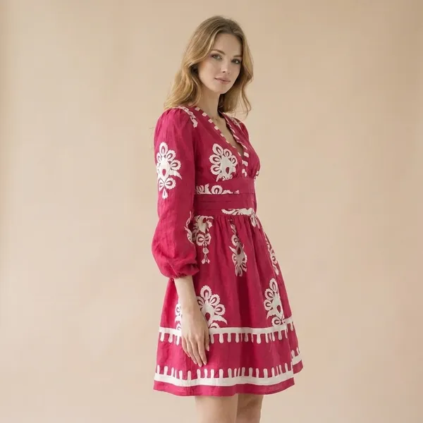 Pink_And_White_Floral_Embroidered_V_Neck_Dress_With_Tassel_Trim
