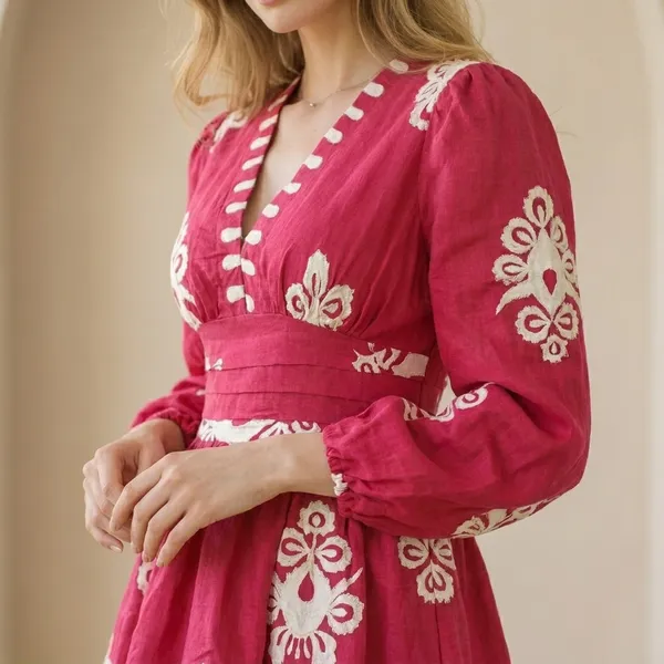 Pink_And_White_Floral_Embroidered_V_Neck_Dress_With_Tassel_Trim