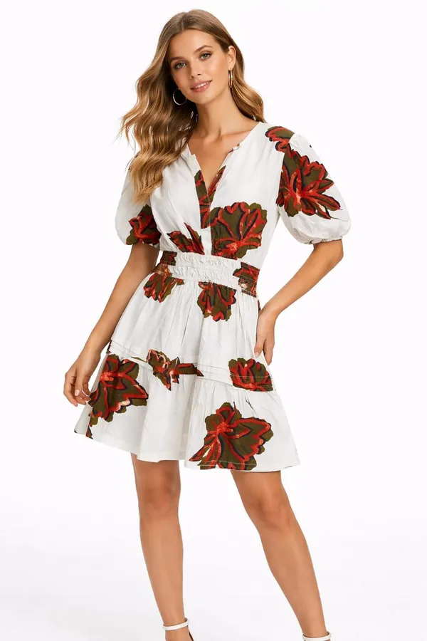 White_And_Red_Floral_Print_Tiered_Ruffle_Mini_Dress_With_Puff_Sleeves