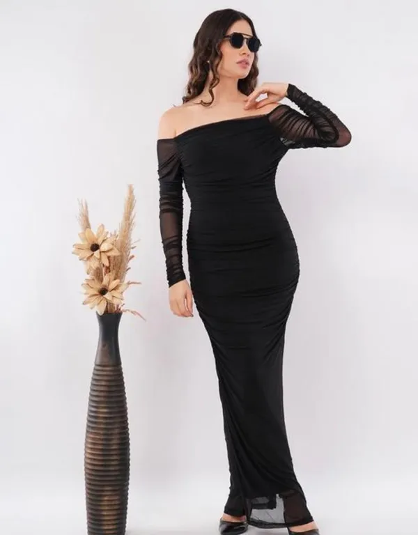 Off_Shoulder_Black_Mesh_Sleeve_Ruched_Bodycon_Maxi_Dress