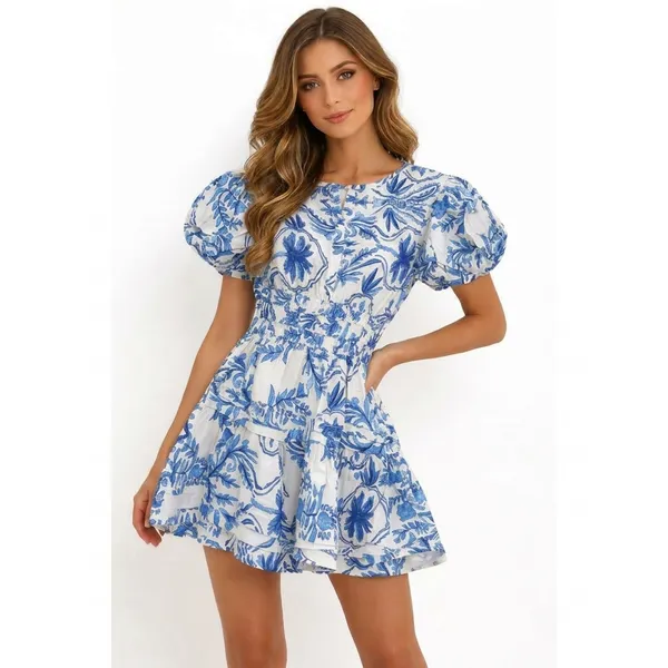 Blue_And_White_Floral_Print_Puff_Sleeve_Mini_Dress