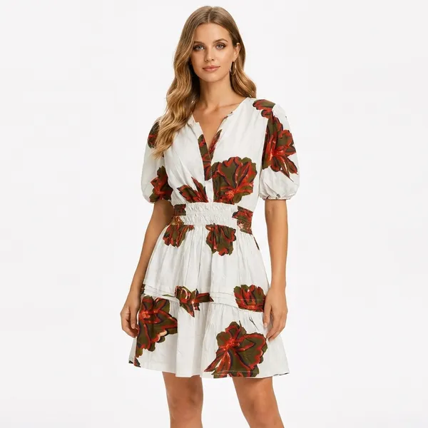 White_And_Red_Floral_Print_Tiered_Ruffle_Mini_Dress_With_Puff_Sleeves