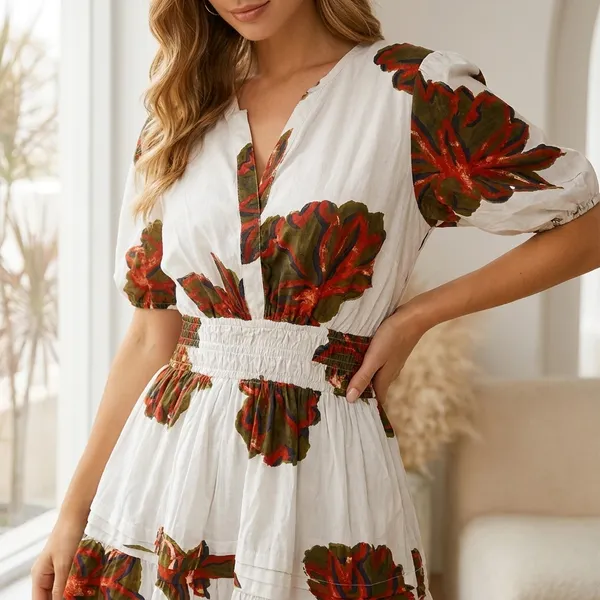 White_And_Red_Floral_Print_Tiered_Ruffle_Mini_Dress_With_Puff_Sleeves
