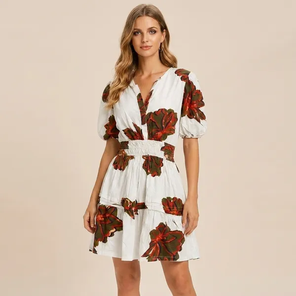 White_And_Red_Floral_Print_Tiered_Ruffle_Mini_Dress_With_Puff_Sleeves