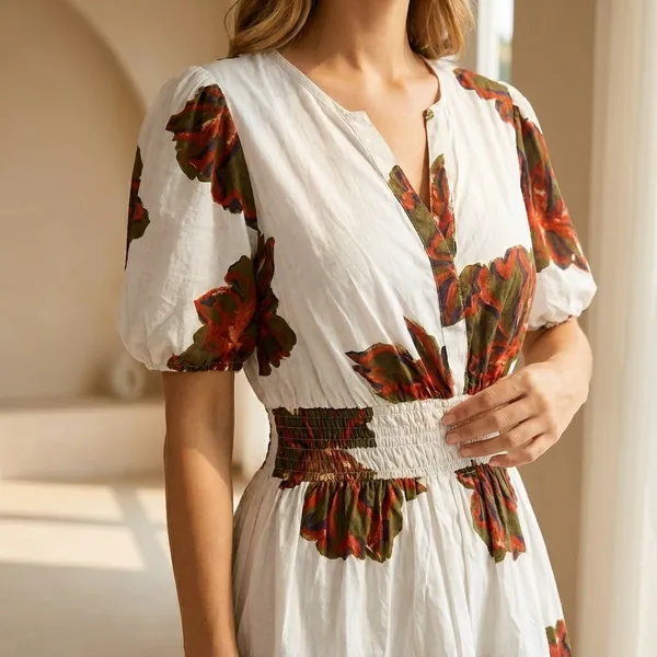 White_And_Red_Floral_Print_Tiered_Ruffle_Mini_Dress_With_Puff_Sleeves