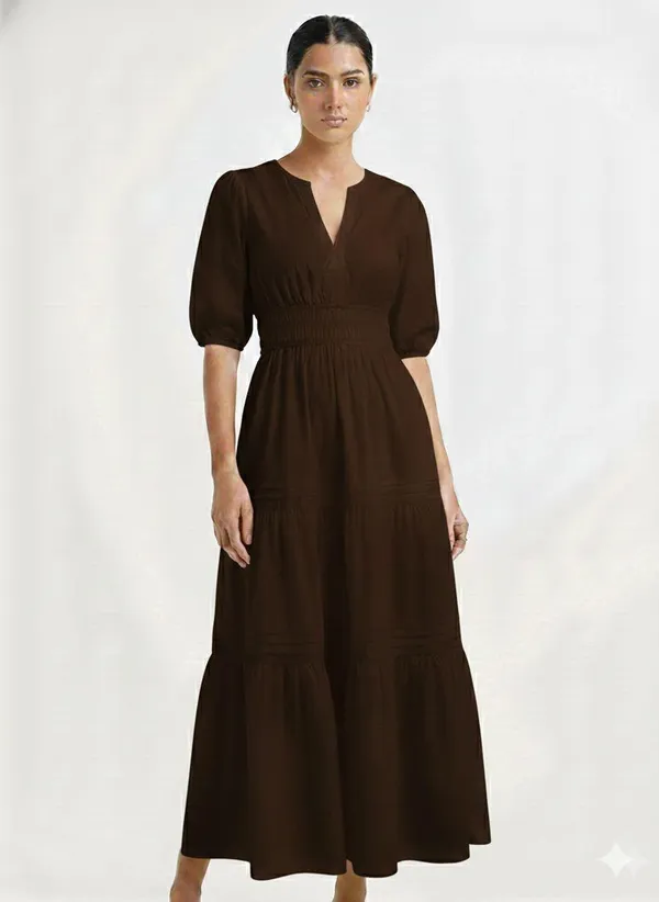 Women_Brown_Tiered_Midi_Dress_With_Puff_Sleeves