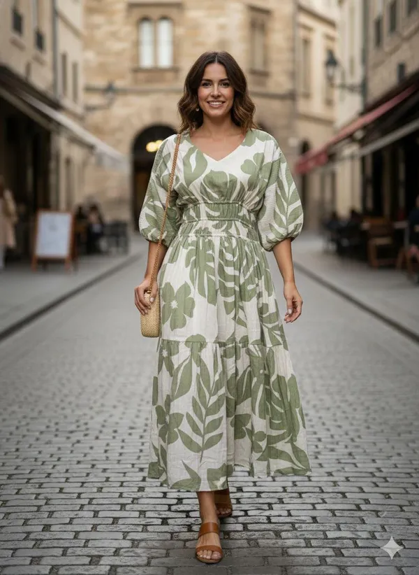 Women_Green_And_White_Leaf_Print_Maxi_Dress_With_Puff_Sleeves