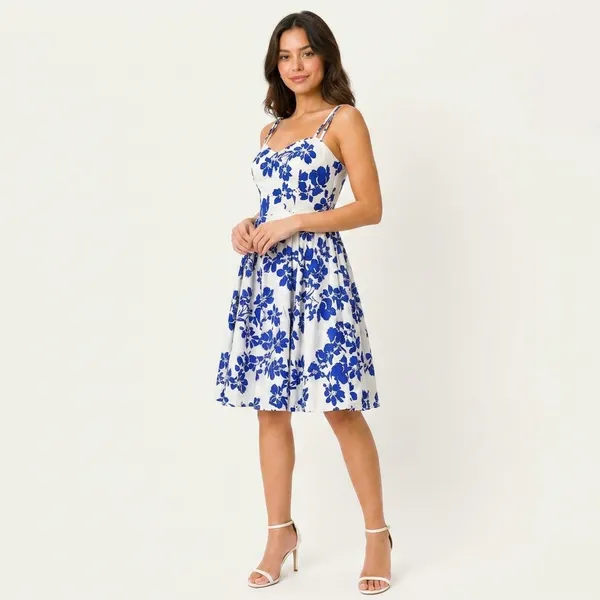 Blue_And_White_Floral_Print_Fit_And_Flare_Dress