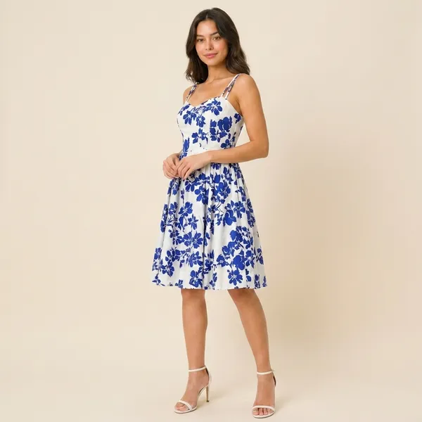 Blue_And_White_Floral_Print_Fit_And_Flare_Dress