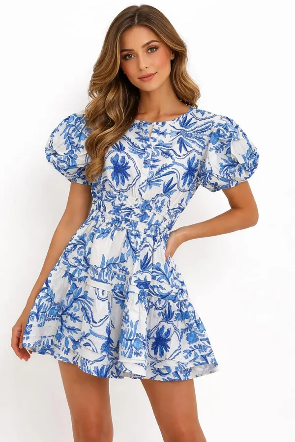 Blue_And_White_Floral_Print_Puff_Sleeve_Mini_Dress