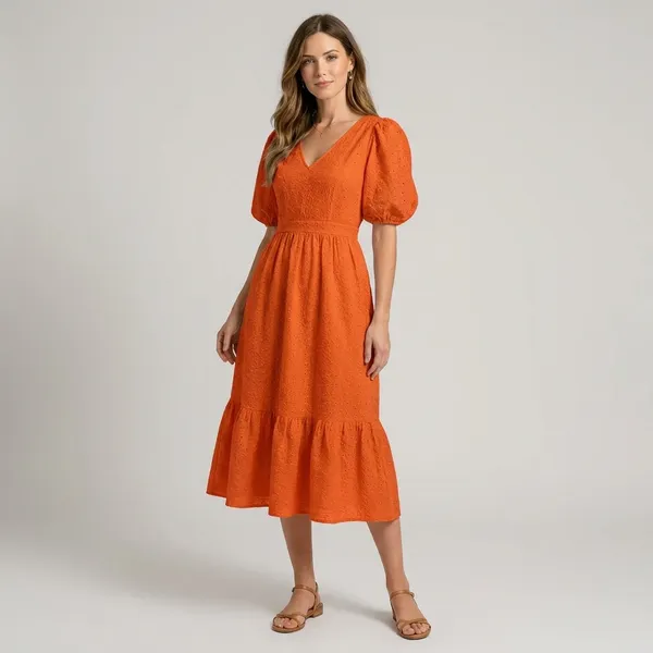 Orange_V_Neck_Puff_Sleeve_Midi_Dress_With_Ruffle_Hem