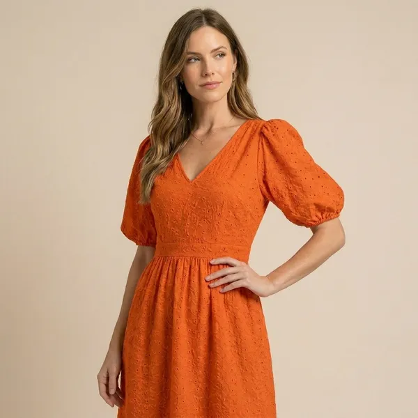 Orange_V_Neck_Puff_Sleeve_Midi_Dress_With_Ruffle_Hem