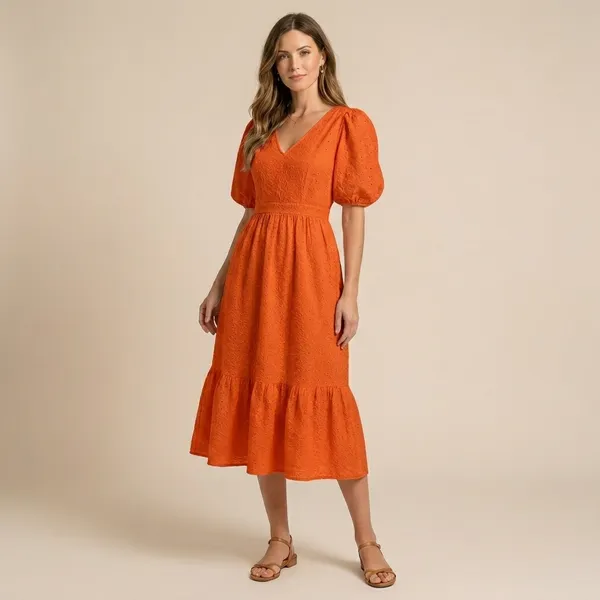 Orange_V_Neck_Puff_Sleeve_Midi_Dress_With_Ruffle_Hem