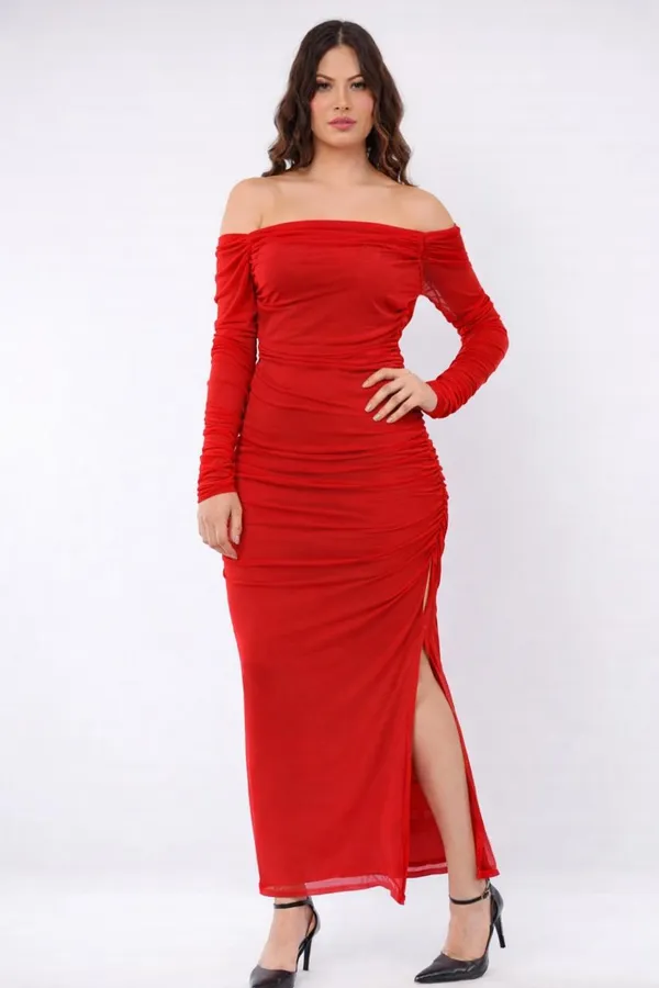 Red_Off_Shoulder_Ruched_Maxi_Dress_With_Thigh_High_Slit