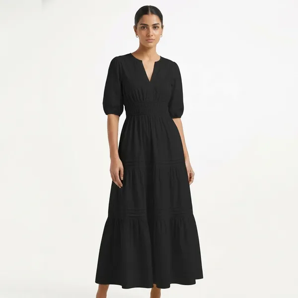 Black_Tiered_Midi_Dress_With_Puff_Sleeves_And_Notch_Neckline