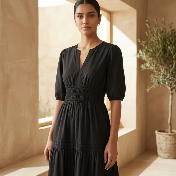 Black_Tiered_Midi_Dress_With_Puff_Sleeves_And_Notch_Neckline