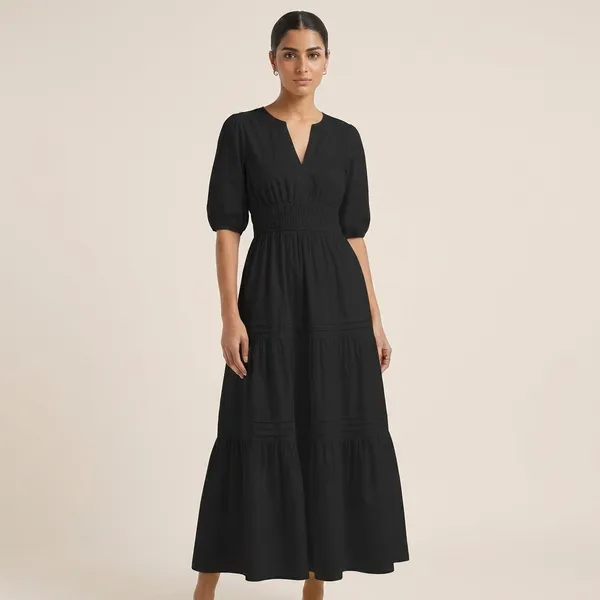 Black_Tiered_Midi_Dress_With_Puff_Sleeves_And_Notch_Neckline
