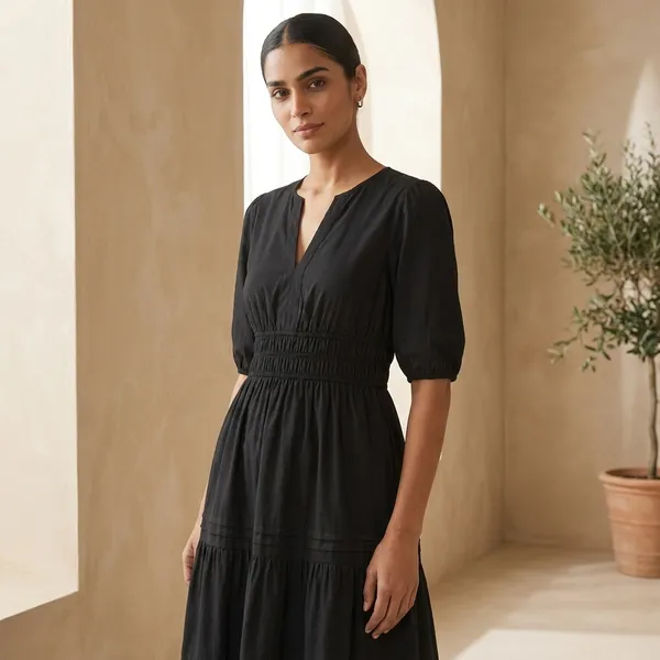 Black_Tiered_Midi_Dress_With_Puff_Sleeves_And_Notch_Neckline