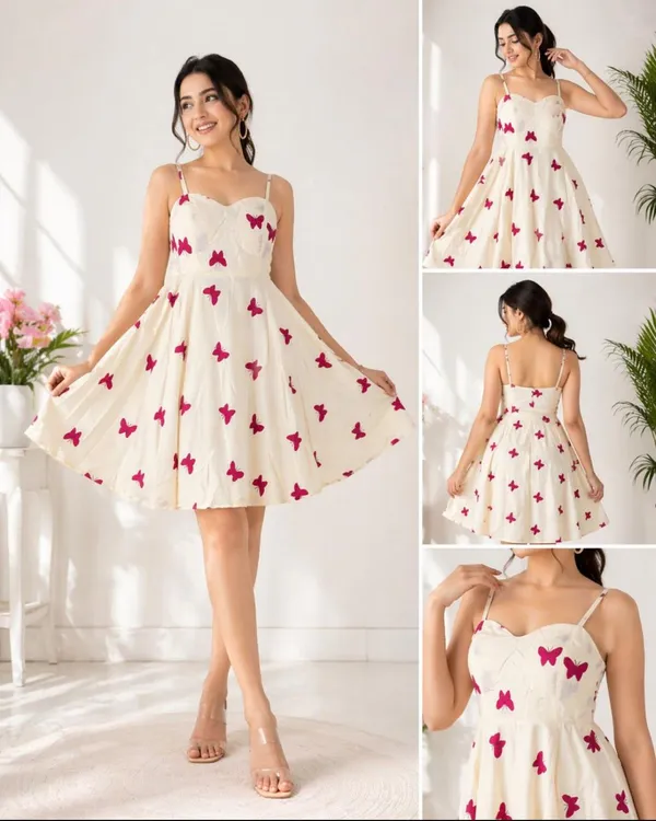 White_And_Butterfly_Print_Fit_And_Flare_Dress_With_Spaghetti_Straps
