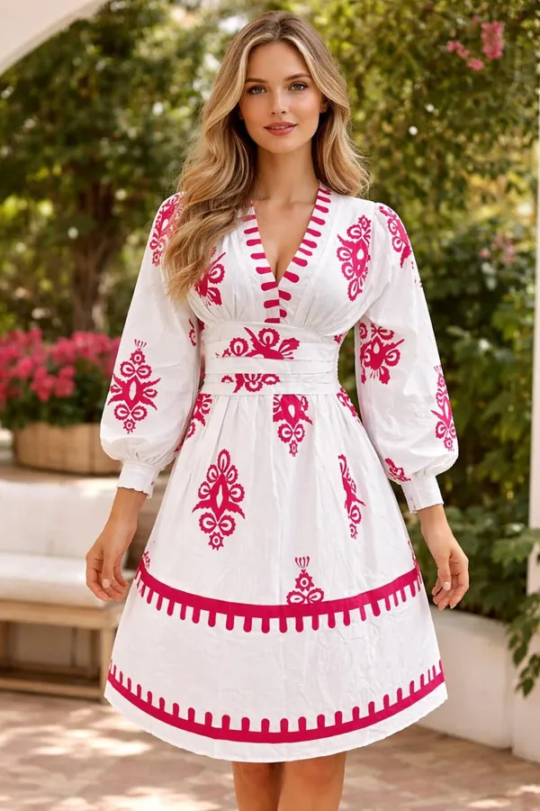 White_And_Pink_Embroidered_Dress_With_Pom_Pom_Trim