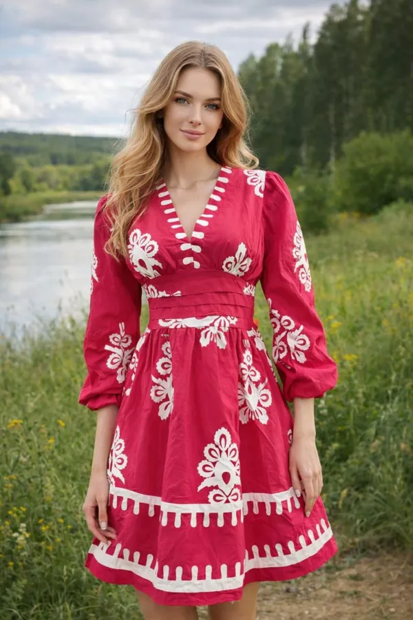 Pink_And_White_Floral_Embroidered_V_Neck_Dress_With_Tassel_Trim