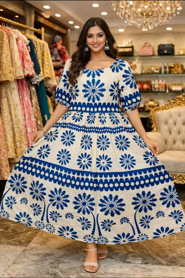 Blue_And_White_Floral_Printed_Maxi_Dress_With_Puff_Sleeves