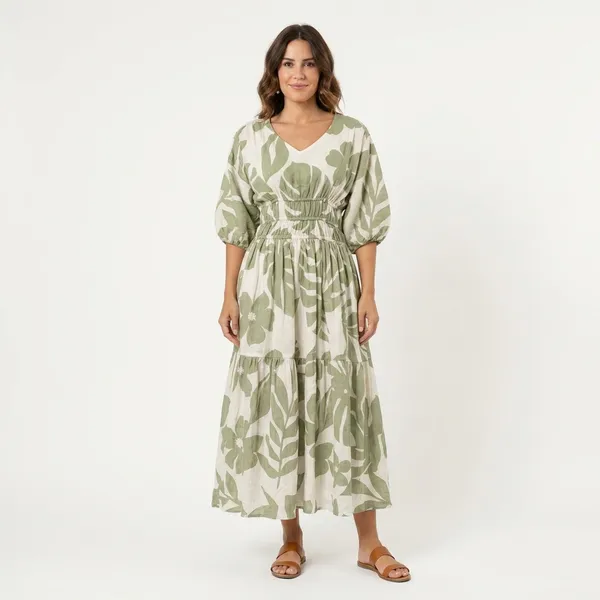Women_Green_And_White_Leaf_Print_Maxi_Dress_With_Puff_Sleeves