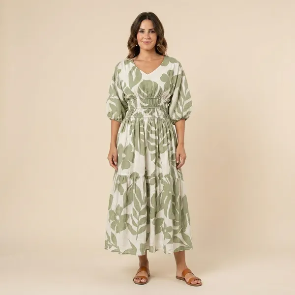 Women_Green_And_White_Leaf_Print_Maxi_Dress_With_Puff_Sleeves