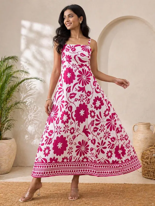 White_And_Pink_Floral_Print_Maxi_Dress_With_Straps
