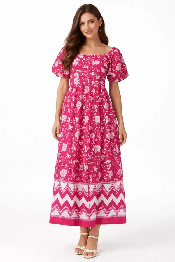 Pink_And_White_Floral_Print_Maxi_Dress_With_Puff_Sleeves_And_Chevron_Border