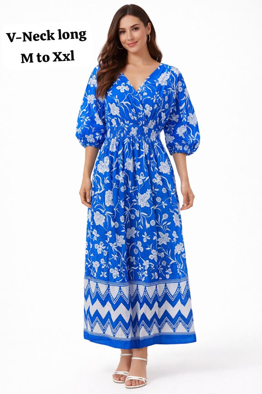 Blue_Floral_Print_Puff_Sleeve_Maxi_Dress_With_Chevron_Border