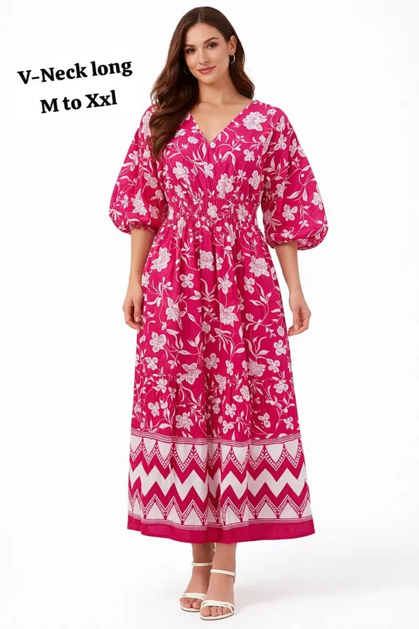 Pink_And_White_Floral_Print_Maxi_Dress_With_Puff_Sleeves_And_Chevron_Border