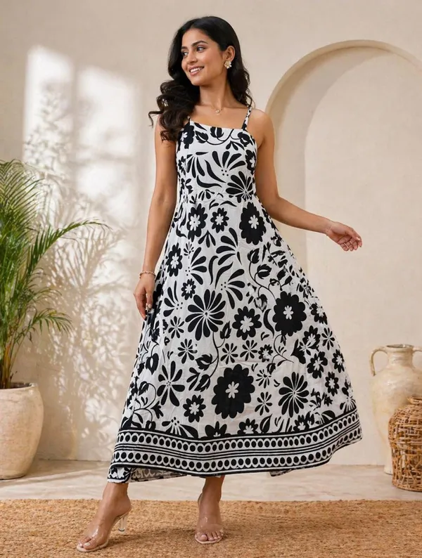 Women_Black_And_White_Floral_Print_Maxi_Dress_With_Spaghetti_Straps
