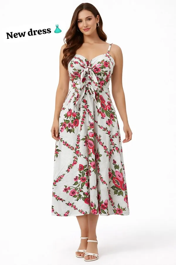 Multicolor_Floral_Print_Midi_Dress_With_Ruched_Bodice_And_Adjustable_Straps