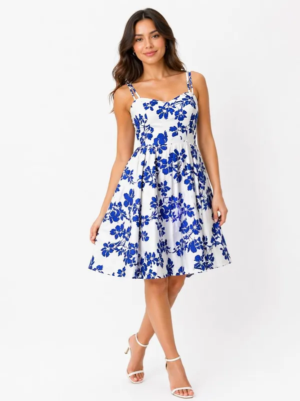 Blue_And_White_Floral_Print_Fit_And_Flare_Dress