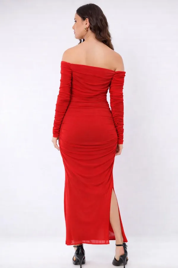 Red_Off_Shoulder_Ruched_Maxi_Dress_With_Thigh_High_Slit
