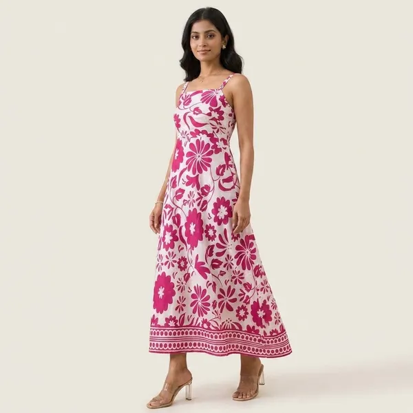 White_And_Pink_Floral_Print_Maxi_Dress_With_Straps