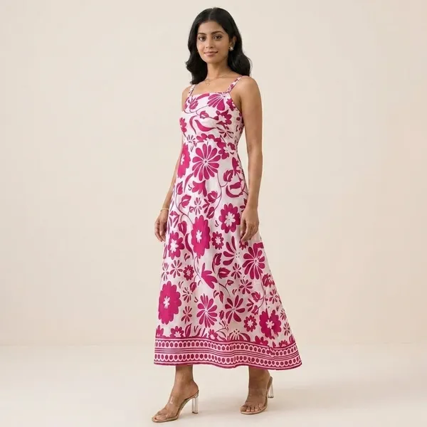 White_And_Pink_Floral_Print_Maxi_Dress_With_Straps