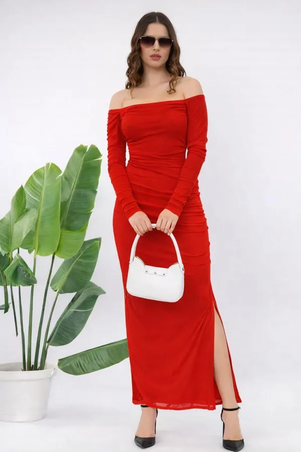 Red_Off_Shoulder_Ruched_Maxi_Dress_With_Thigh_High_Slit
