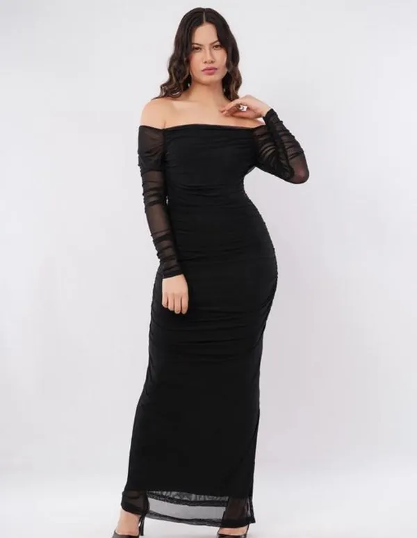 Off_Shoulder_Black_Mesh_Sleeve_Ruched_Bodycon_Maxi_Dress