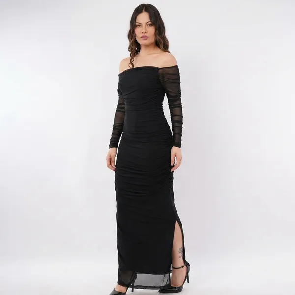 Off_Shoulder_Black_Mesh_Sleeve_Ruched_Bodycon_Maxi_Dress