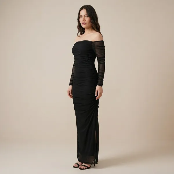 Off_Shoulder_Black_Mesh_Sleeve_Ruched_Bodycon_Maxi_Dress
