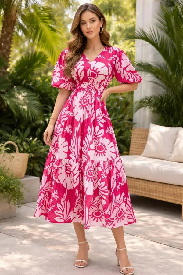 Pink_And_White_Floral_Print_V_Neck_Midi_Dress_With_Puff_Sleeves