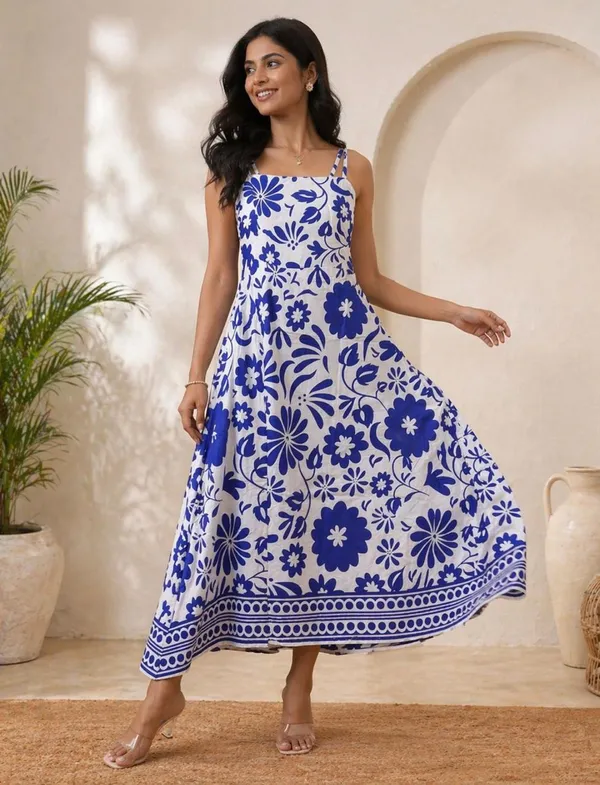 Blue_And_White_Floral_Print_Maxi_Dress_For_Women